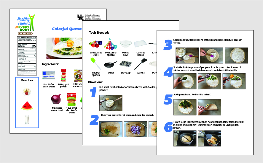 screenshot of quesadilla recipe with pictures of each ingredient, tool, and cooking step