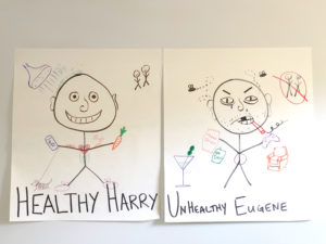 Stick figure representing someone with healthy habits and another stick figure representing someone with unhealthy habits